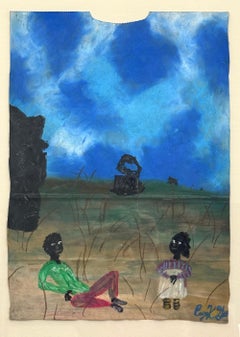 BACKYARD CHAT Signed Oil Pastel, Black Couple Sitting in Surreal Landscape