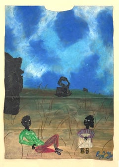 BACKYARD CHAT Signed Oil Pastel, Black Couple Sitting in Surreal Landscape
