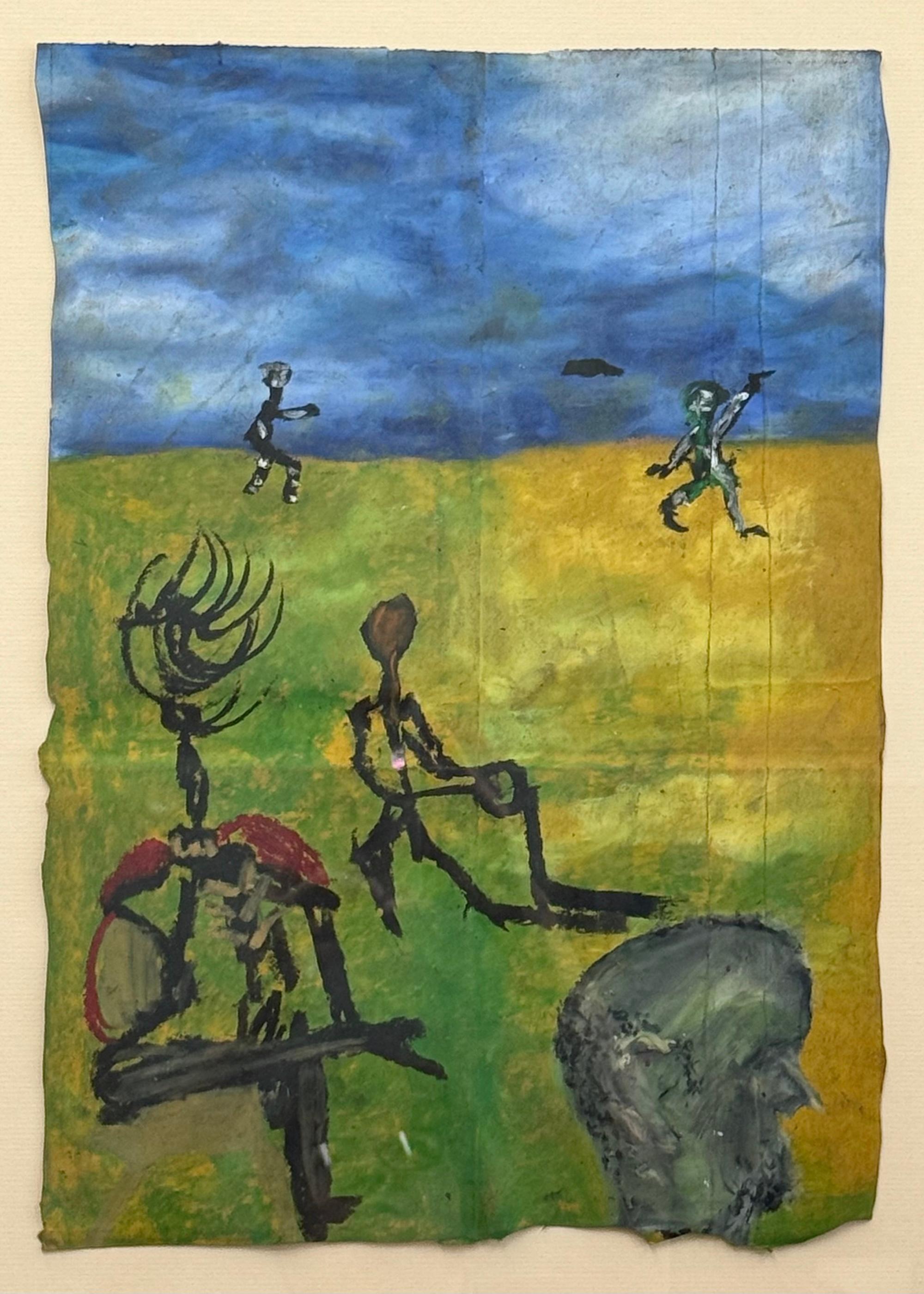 C'È L'EST NEL NOSTRO OVEST Pastello a olio firmato, Figure astratte Paesaggio surreale - Art di Reginald K. Gee