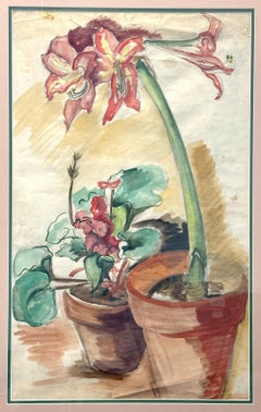 Natura morta floreale: geranio e amarillide. Acquerello, 1935 circa, incorniciato