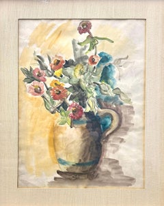 Natura morta con bouquet da giardino, acquerello realistico, firmato, cornice dorata