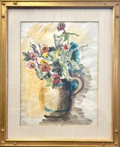 Garden Bouquet Still Life, Realist Watercolor, Signed, Gold Frame