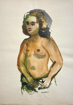 Mujer joven desnuda en acuarela, retrato firmado, tonos tierra, circa 1973
