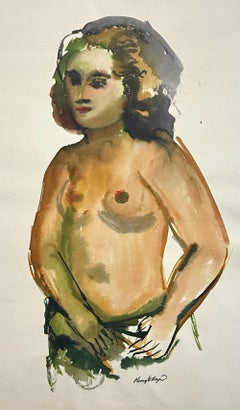 Mujer joven desnuda en acuarela, retrato firmado, tonos tierra, circa 1973