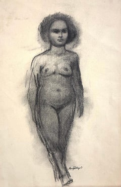 Desnudo femenino de pie, Dibujo a carboncillo firmado, Retrato realista