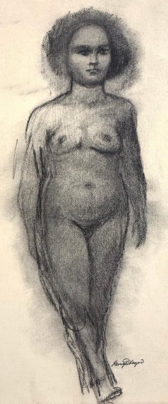 Desnudo femenino de pie, Dibujo a carboncillo firmado, Retrato realista
