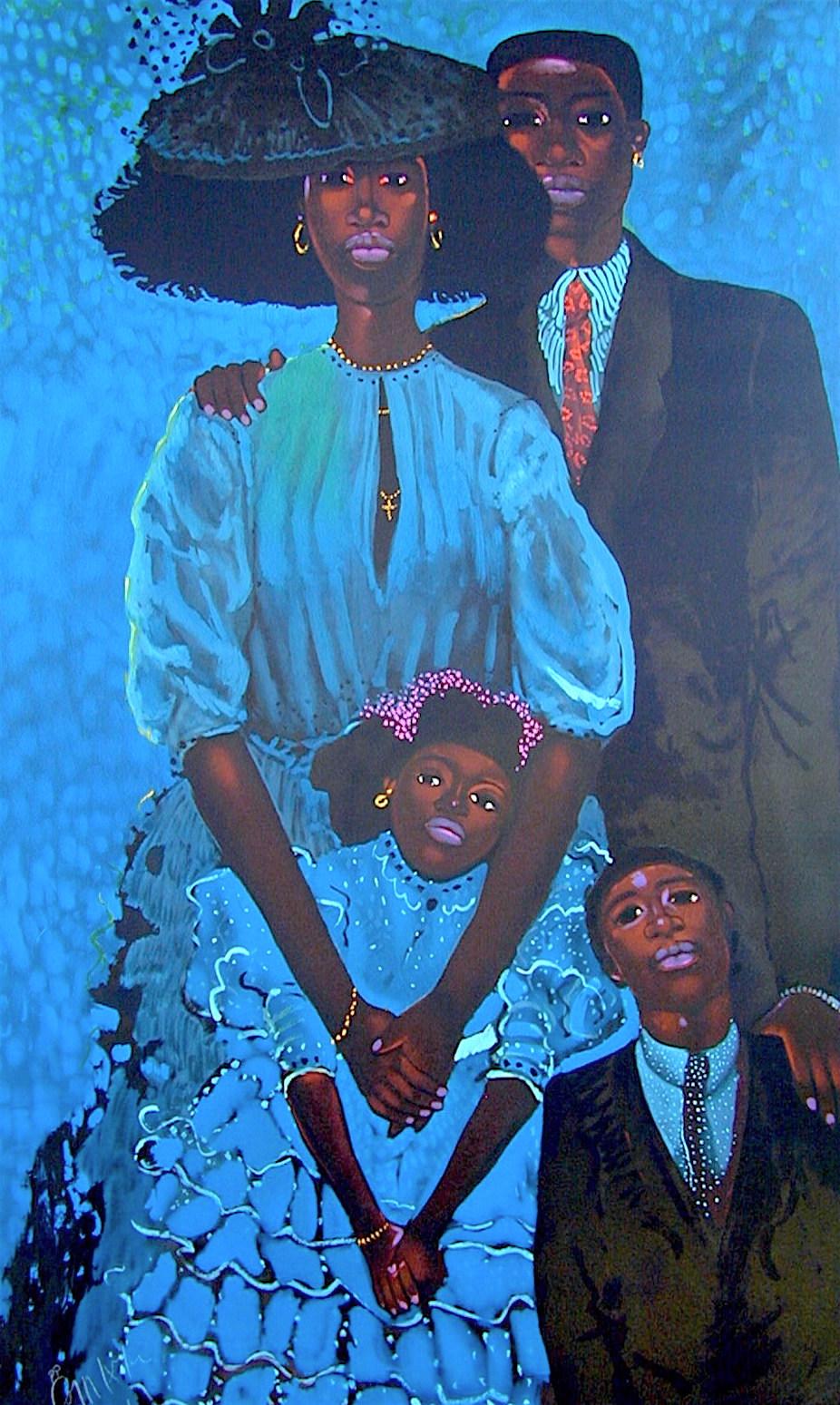 Geoffrey Holder Figurative Print - FAMILY IN BLUE Signed Original Lithograph, Formal Black Family Portrait