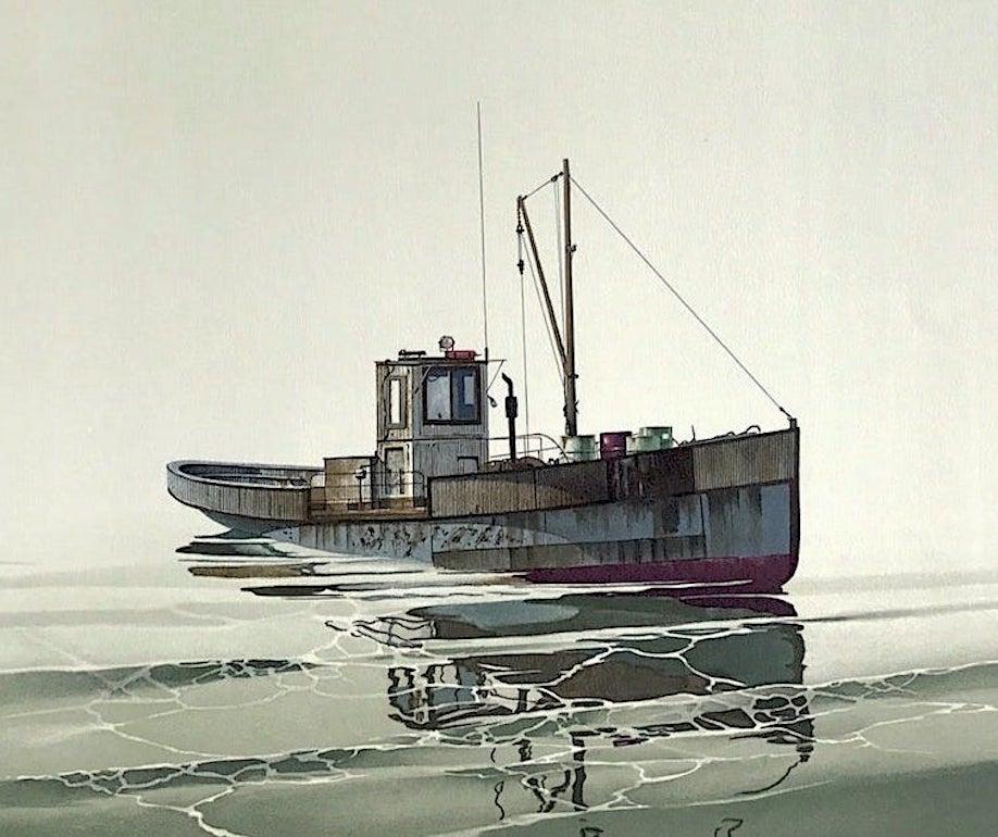 CAY RUNNER Signed Lithograph, Realistic Runner Boat on Calm Water, Marine Art - Print by John Lutes