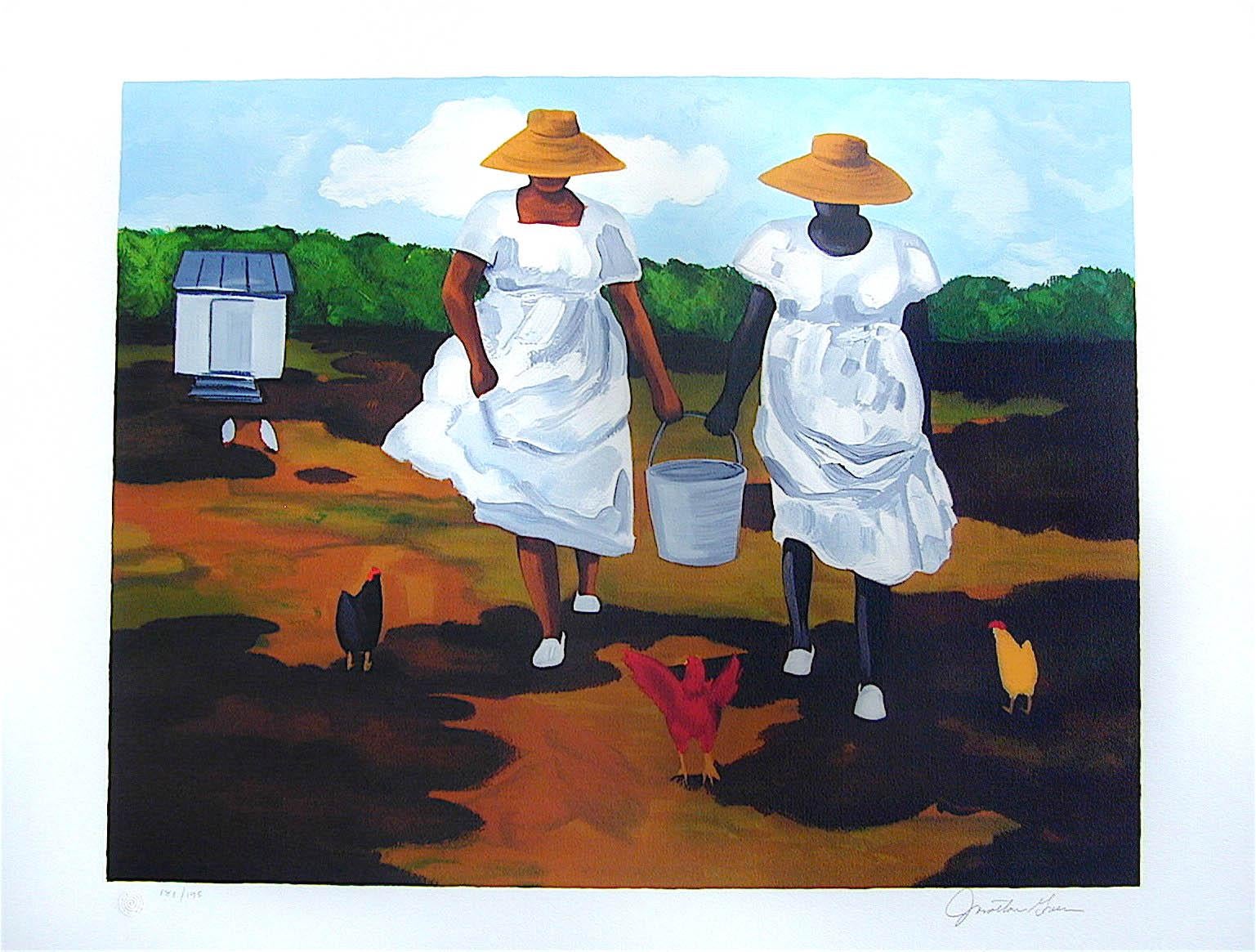 Sharing The Chores, Signed Lithograph, African American Heritage, Gullah Culture - Print by Jonathan Green