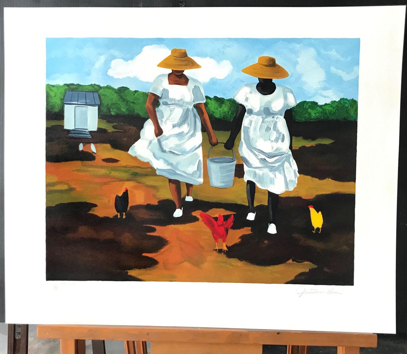 Sharing The Chores, Signed Lithograph, African American Heritage, Gullah Culture - Contemporary Print by Jonathan Green