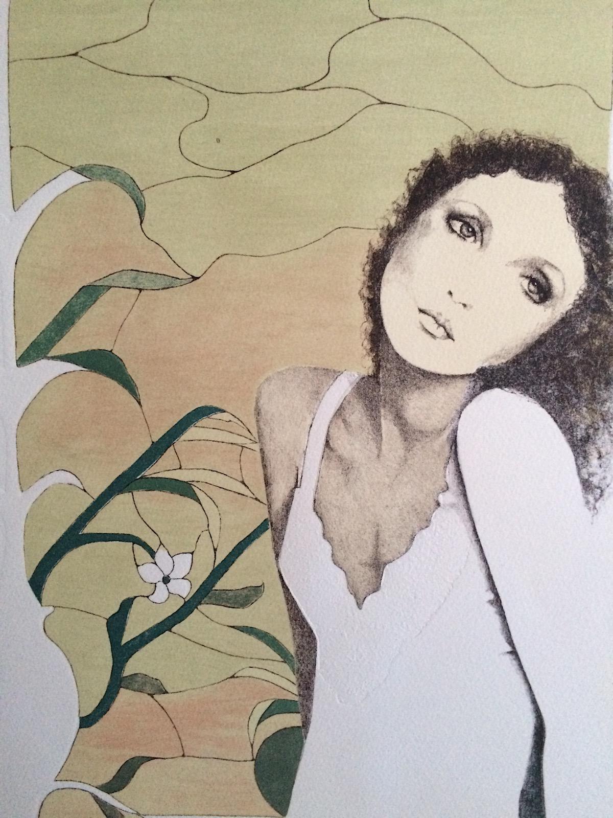 TRISTESSE Signed Lithograph, Young Woman Sad Eyes, White Slip Dress - Print by Christine Rosamond