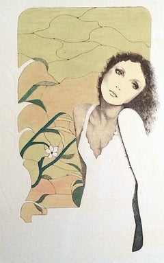 TRISTESSE Signed Lithograph, Young Woman Sad Eyes, White Slip Dress