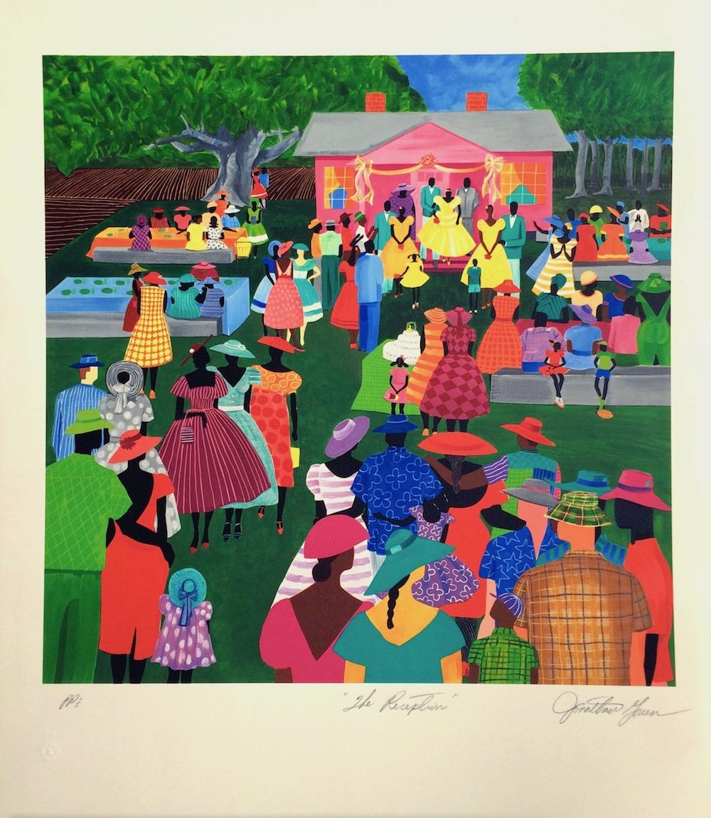 THE RECEPTION Signed Lithograph, Gullah Family Wedding, African American - Print by Jonathan Green