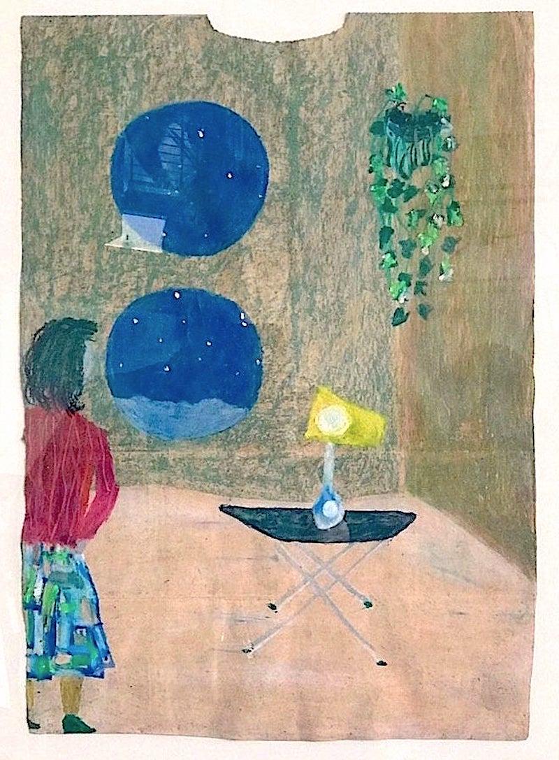 RETREAT ROOM Signed Original Oil Pastel, Mid Century Modern, Round Windows, Ivy - Art by Reginald K. Gee