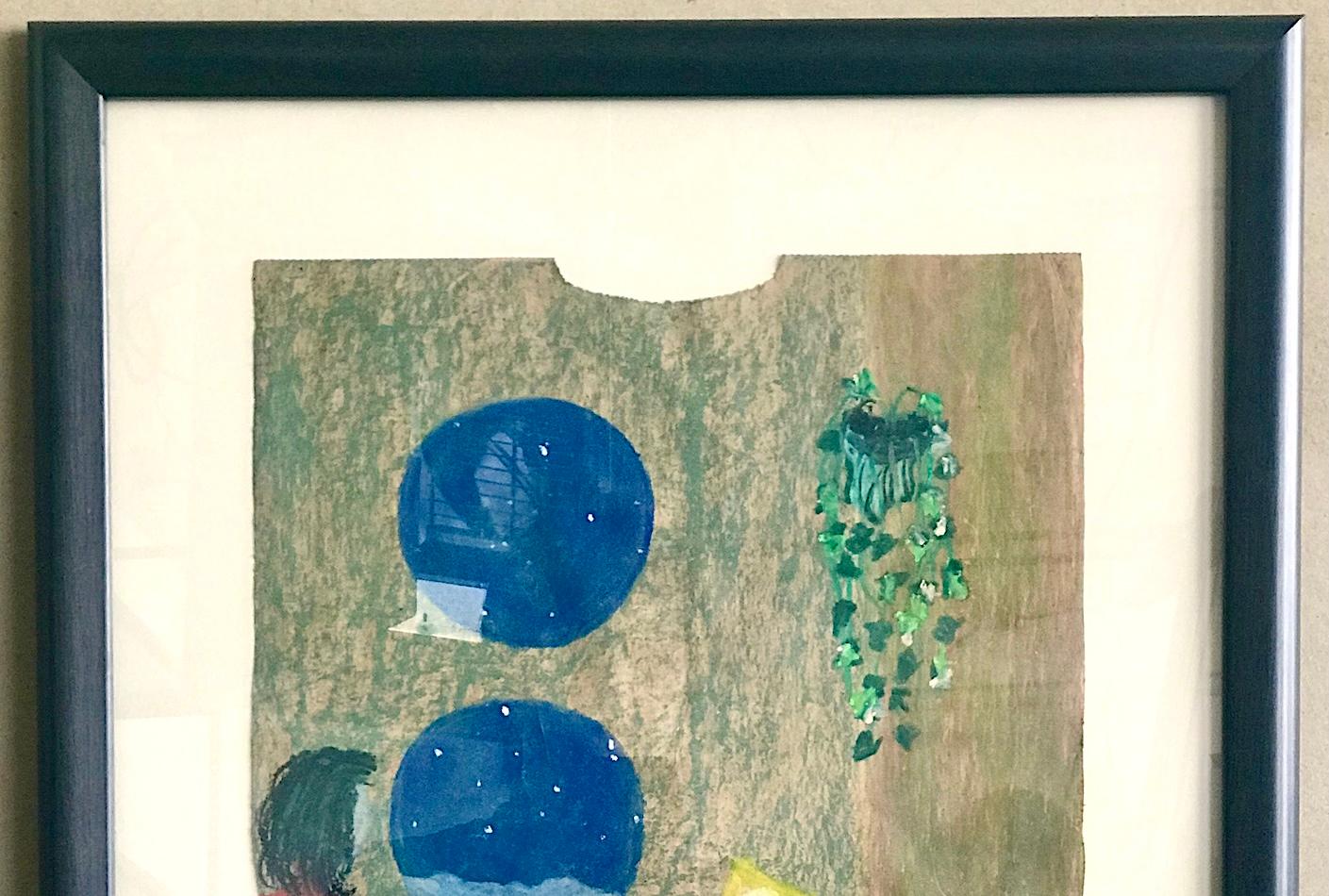 RETREAT ROOM Signed Oil Pastel on Grocery Bag, Girl in Mid Century Modern Space For Sale 2
