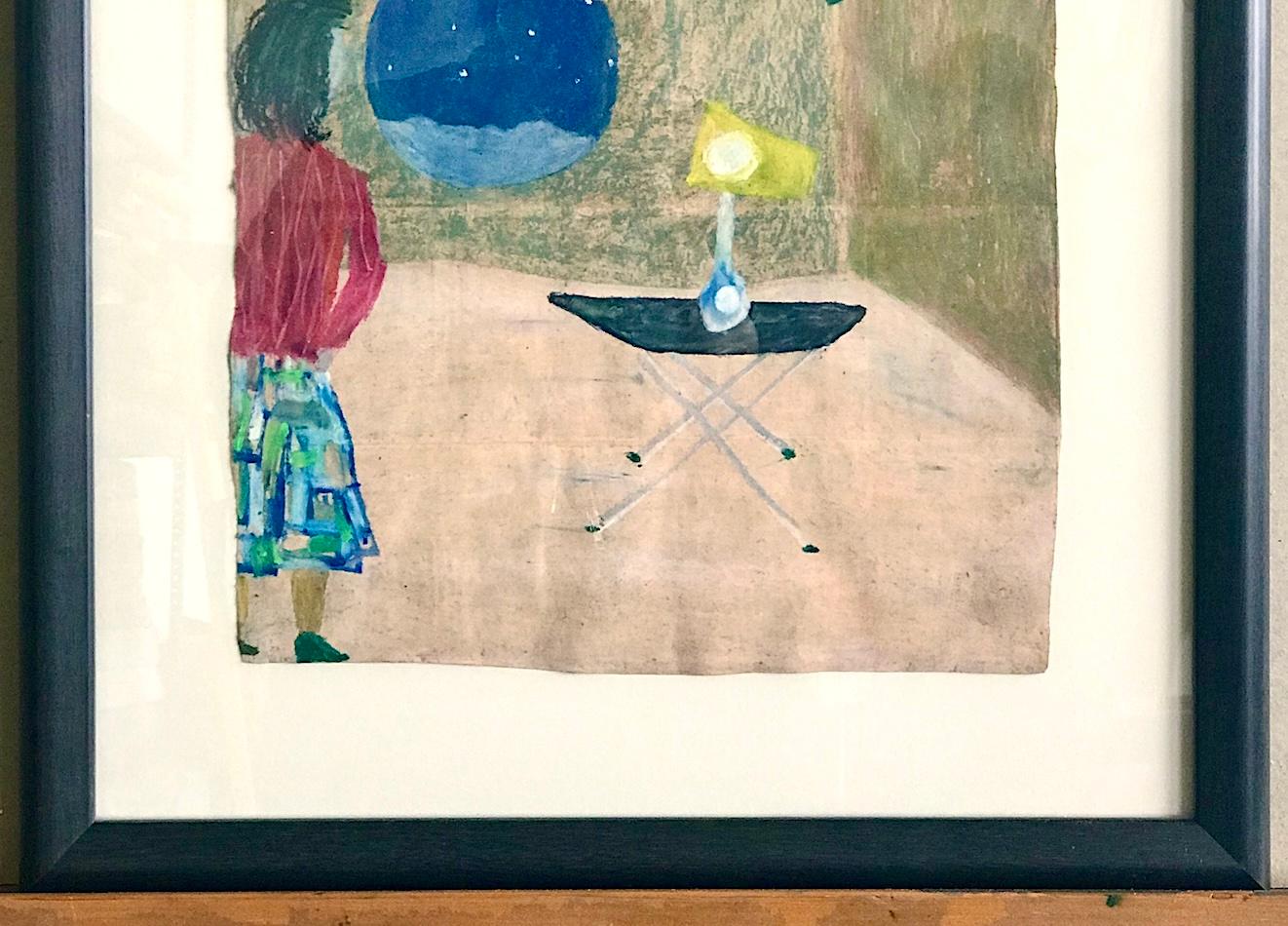 RETREAT ROOM Signed Oil Pastel on Grocery Bag, Girl in Mid Century Modern Space For Sale 3