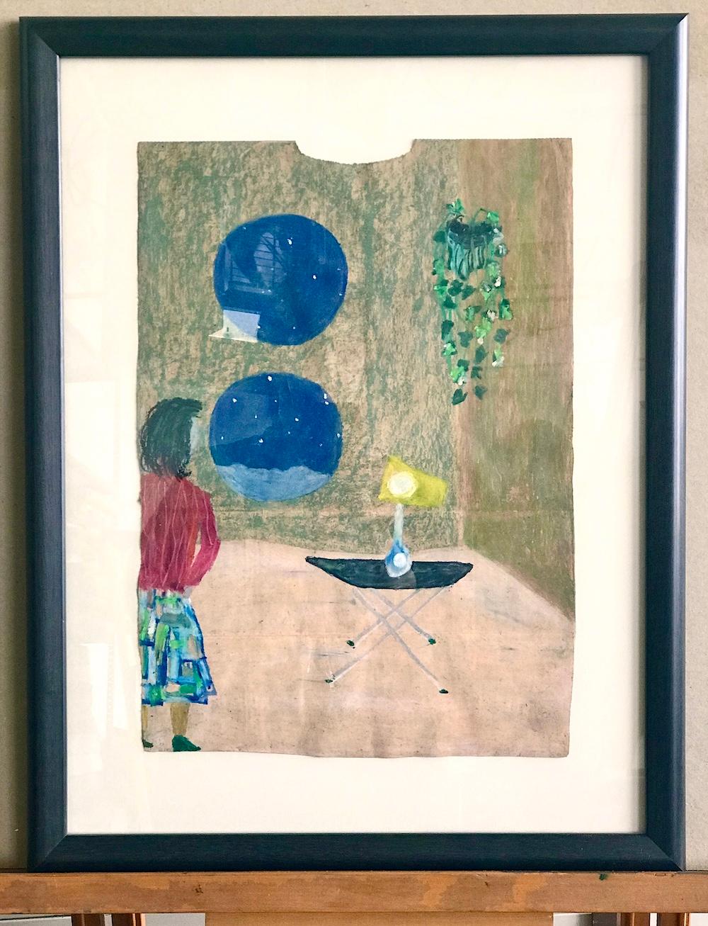 RETREAT ROOM Signed Oil Pastel on Grocery Bag, Girl in Mid Century Modern Space For Sale 4