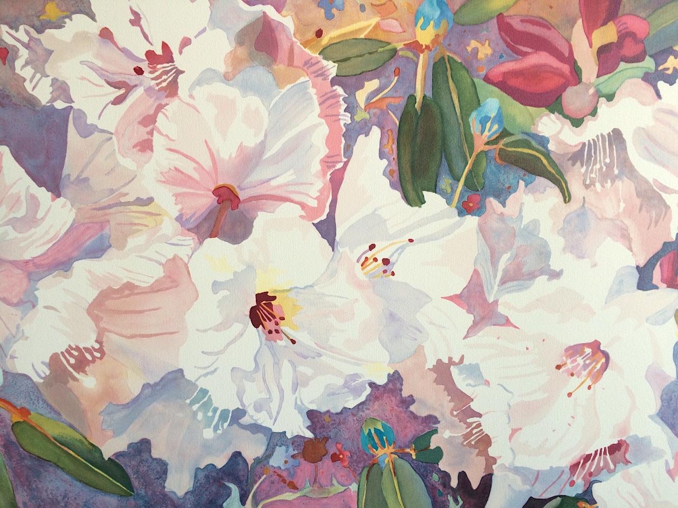 CHINESE RHODODENDRONS Handgezeichnete Lithographie, Aquarell Floral, Pastellfarben – Print von Glenny Brazy