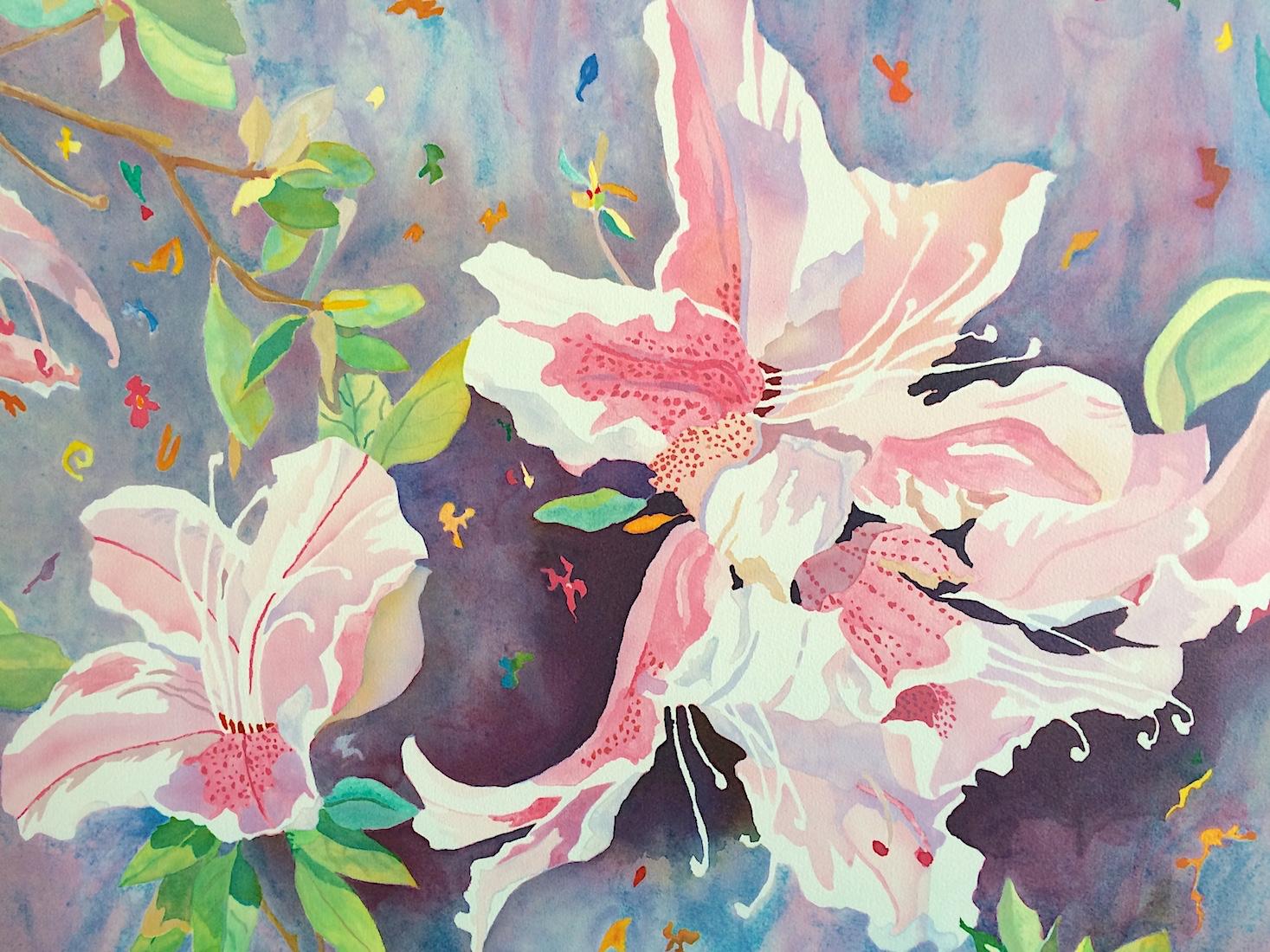 Litografia firmata JAPANESE AZALEAS, Acquerello Floreale, Rosa, Lavanda, Verde - Print Grigio di Glenny Brazy