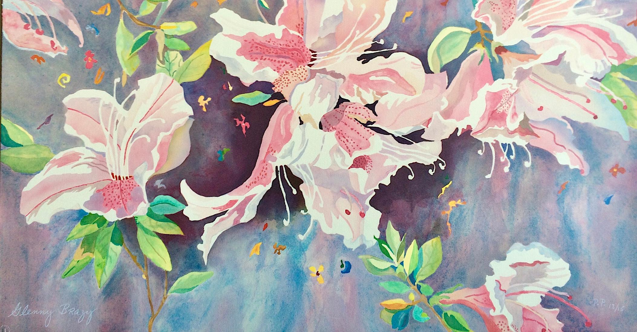 JAPANESE AZALEAS Signed Lithograph, Floral Watercolor, Pink, Lavender, Green - Print by Glenny Brazy