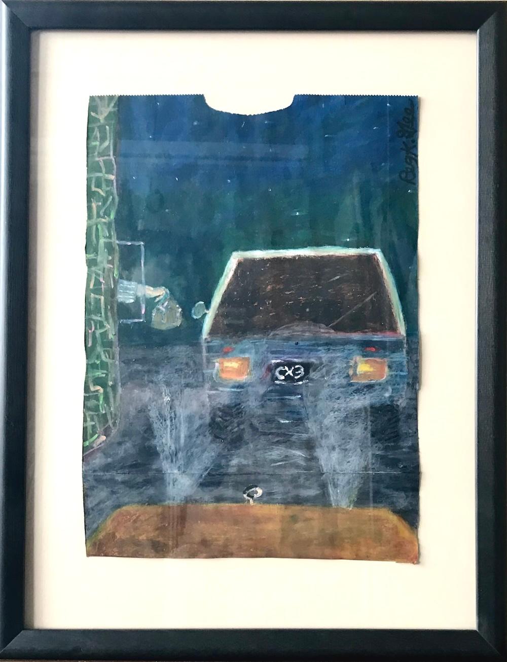 DESAYUNO DE COMIDA RÁPIDA Firmado Pastel al óleo sobre papel, Ventanilla de autoservicio, Surrealista