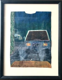 FAST FOOD BREAKFAST signé, Pastel sur papier, fenêtre traversée par une voiture, surréaliste