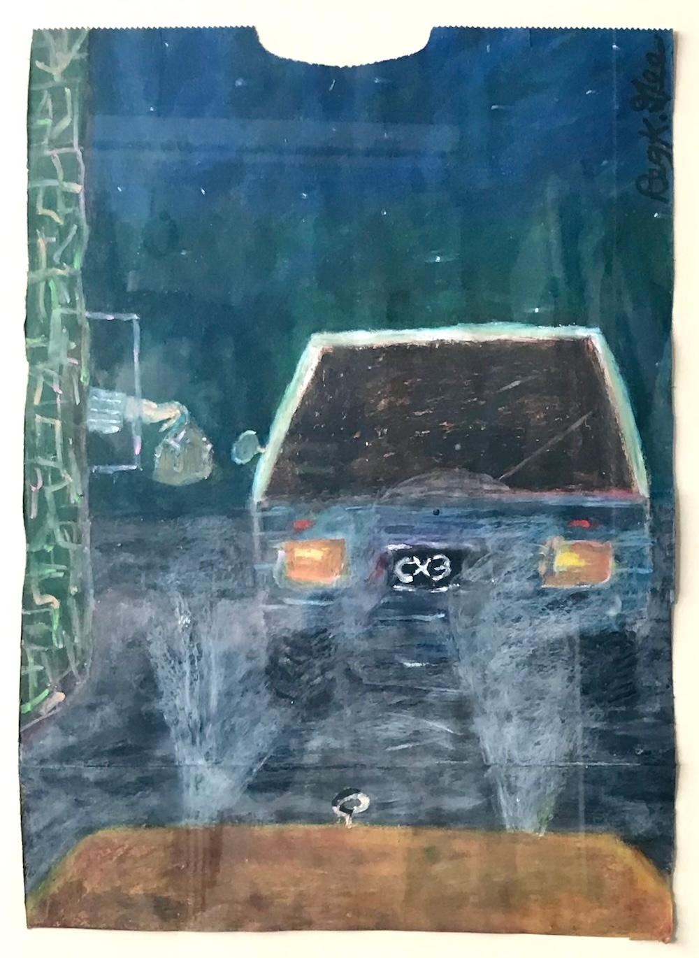 DESAYUNO DE COMIDA RÁPIDA Firmado Pastel al óleo sobre papel, Ventanilla de autoservicio, Surrealista - Art de Reginald K. Gee