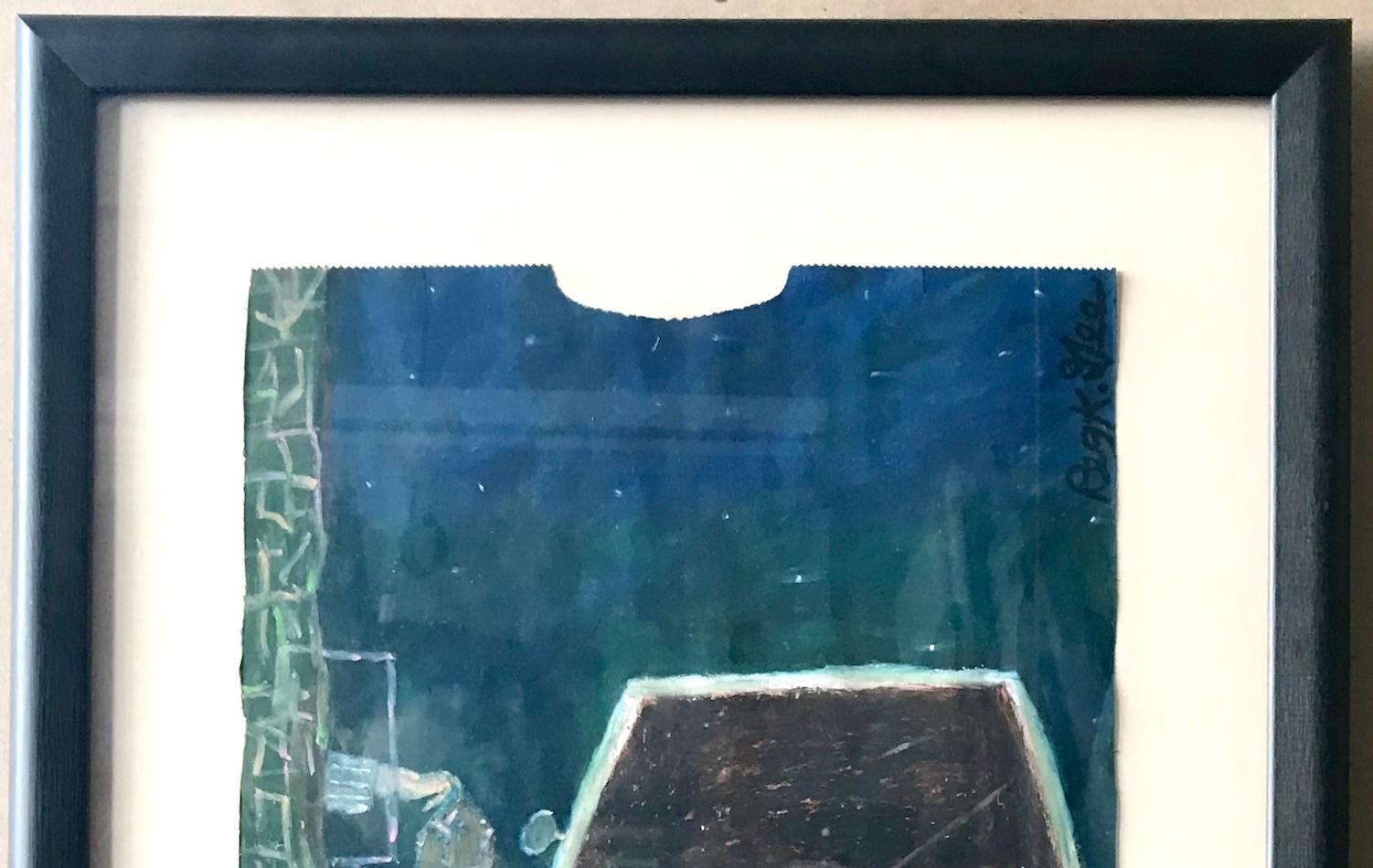 DESAYUNO RÁPIDO es un dibujo original al pastel al óleo sobre bolsa de papel de estraza del artista afroamericano autodidacta Reginald K. Gee, nacido el 28 de abril de 1964 en Milwaukee, Wisconsin. Gee es conocido por su Arte Visonario lleno de