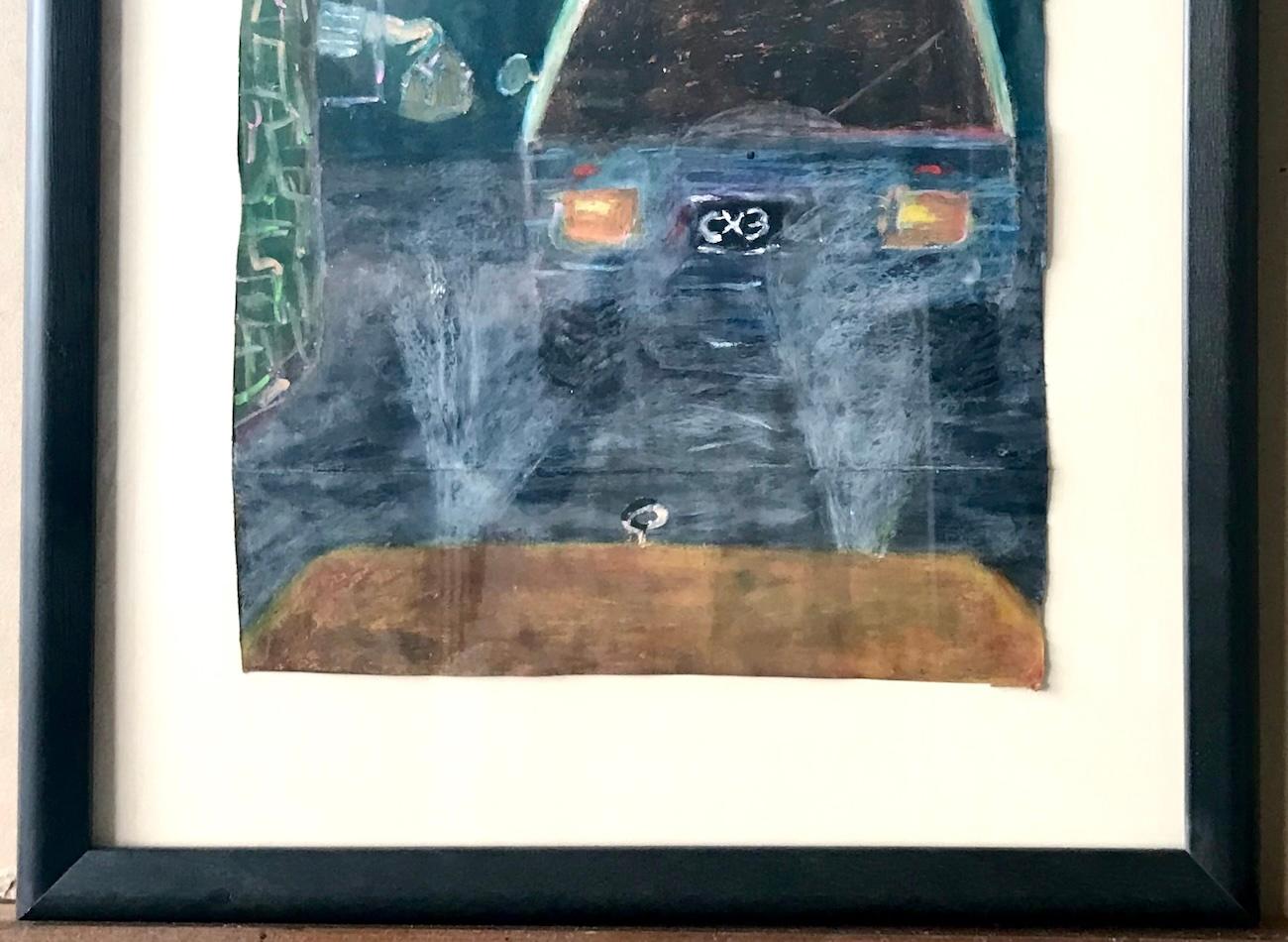 DESAYUNO DE COMIDA RÁPIDA Firmado Pastel al óleo sobre papel, Ventanilla de autoservicio, Surrealista en venta 1