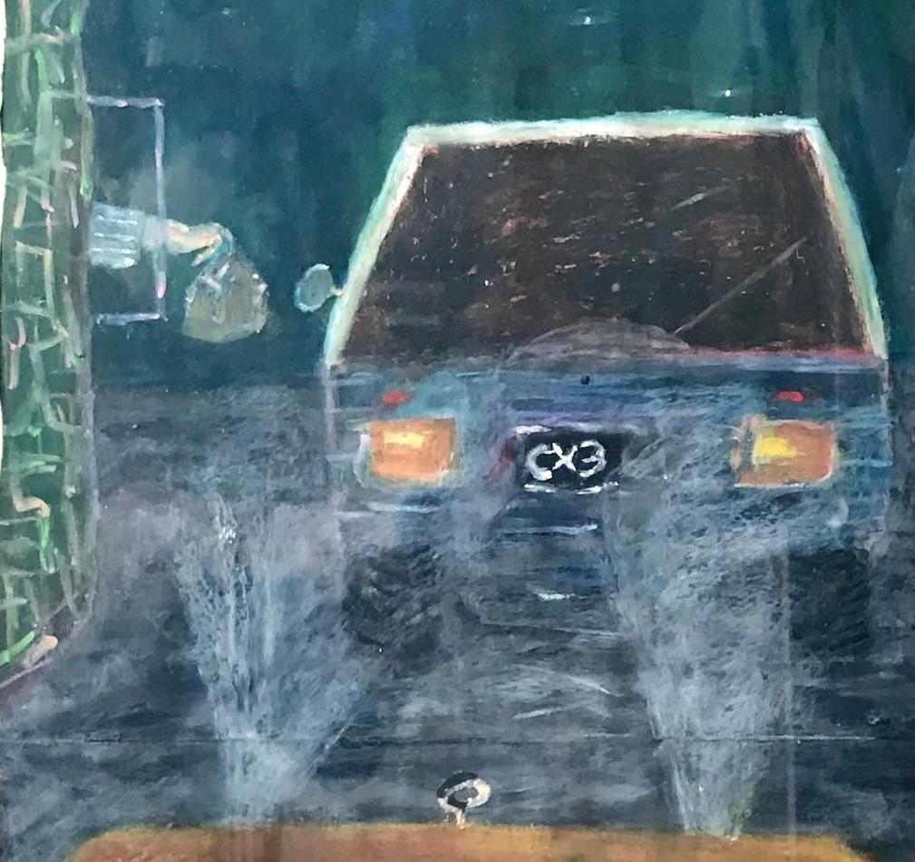 DESAYUNO DE COMIDA RÁPIDA Firmado Pastel al óleo sobre papel, Ventanilla de autoservicio, Surrealista - Art Neoexpresionista de Reginald K. Gee