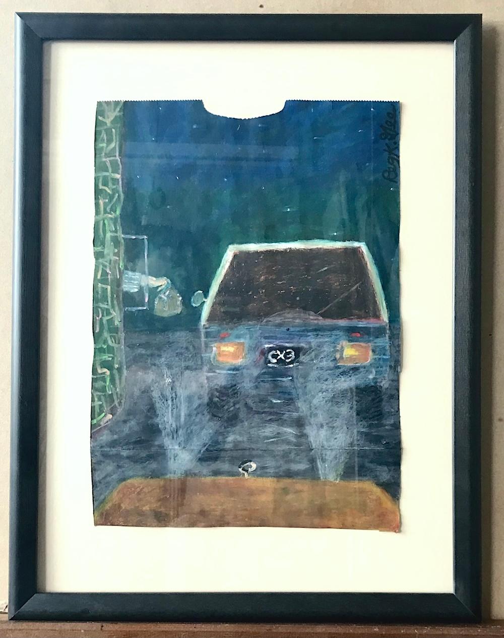 DESAYUNO DE COMIDA RÁPIDA Firmado Pastel al óleo sobre papel, Ventanilla de autoservicio, Surrealista en venta 3