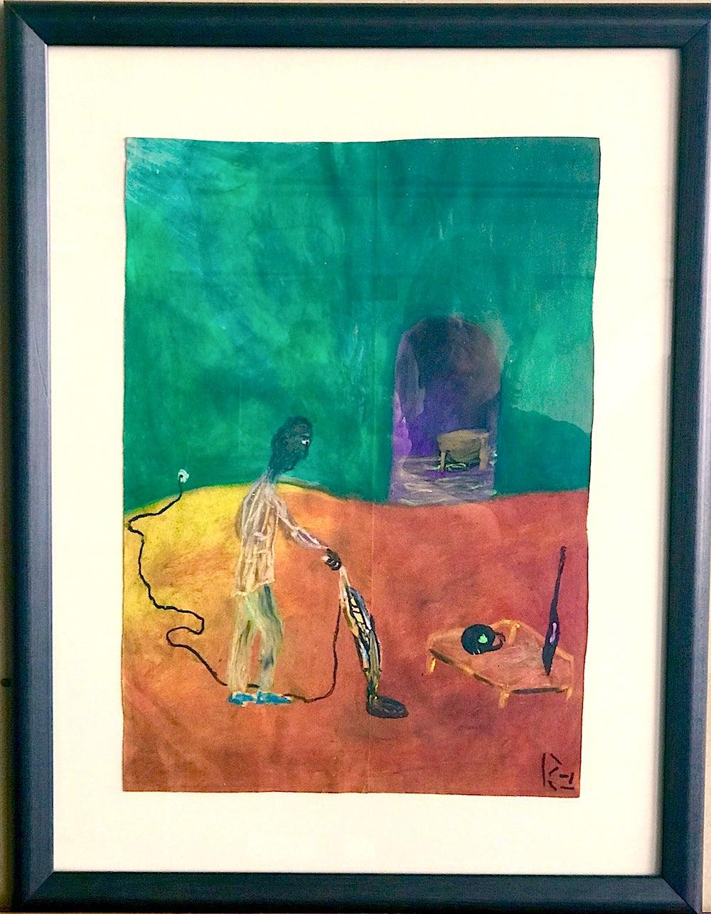 Reginald K. Gee Figurative Art - HIS NEW DEN Signed Oil Pastel on Paper, Man with his Vacuum Cleaner, Self Taught