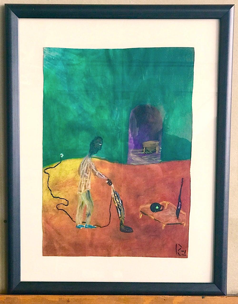 HIS NEW DEN Signed Oil Pastel on Paper, Man with his Vacuum Cleaner, Self Taught For Sale 2