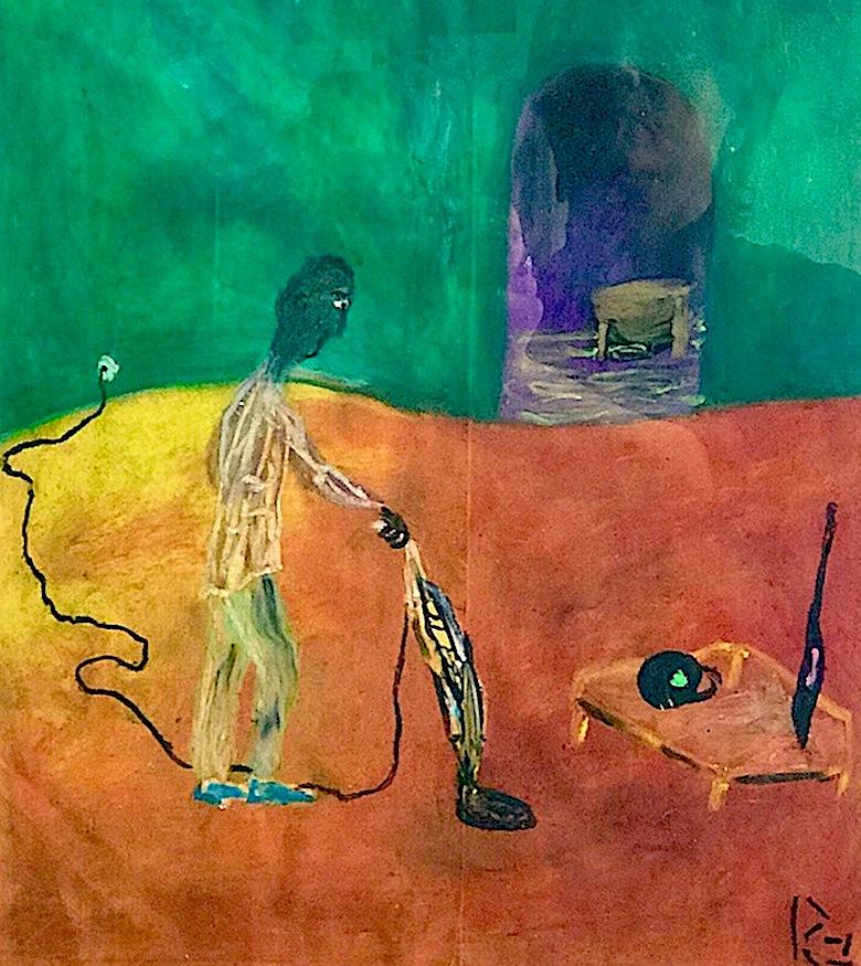 HIS NEW DEN Signed Oil Pastel on Paper, Man with his Vacuum Cleaner, Self Taught - Neo-Expressionist Art by Reginald K. Gee