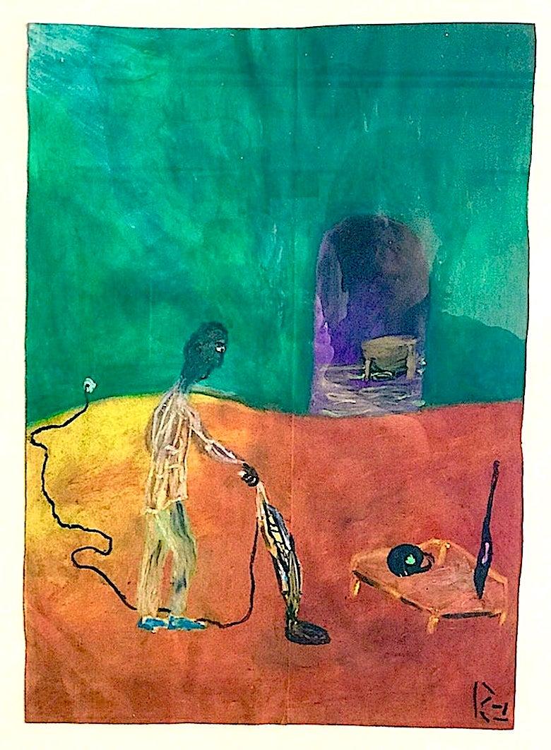 HIS NEW DEN Signed Oil Pastel on Paper Visionary Art Man with his Vacuum Cleaner