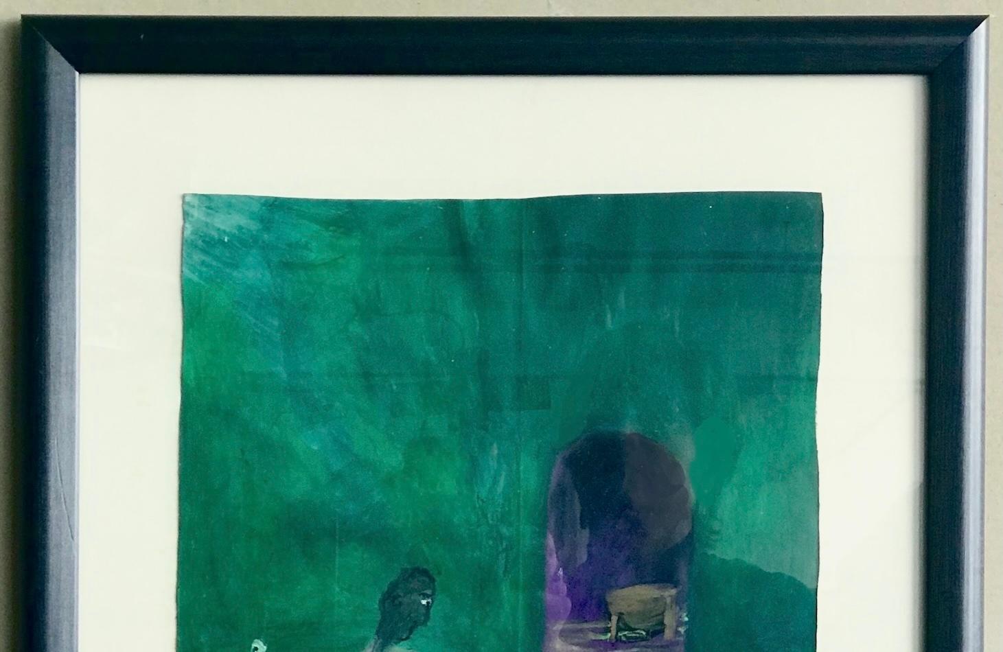 HIS NEW DEN Signed Oil Pastel on Grocery Bag, Man with Vacuum Cleaner, Surreal - Black Figurative Art by Reginald K. Gee