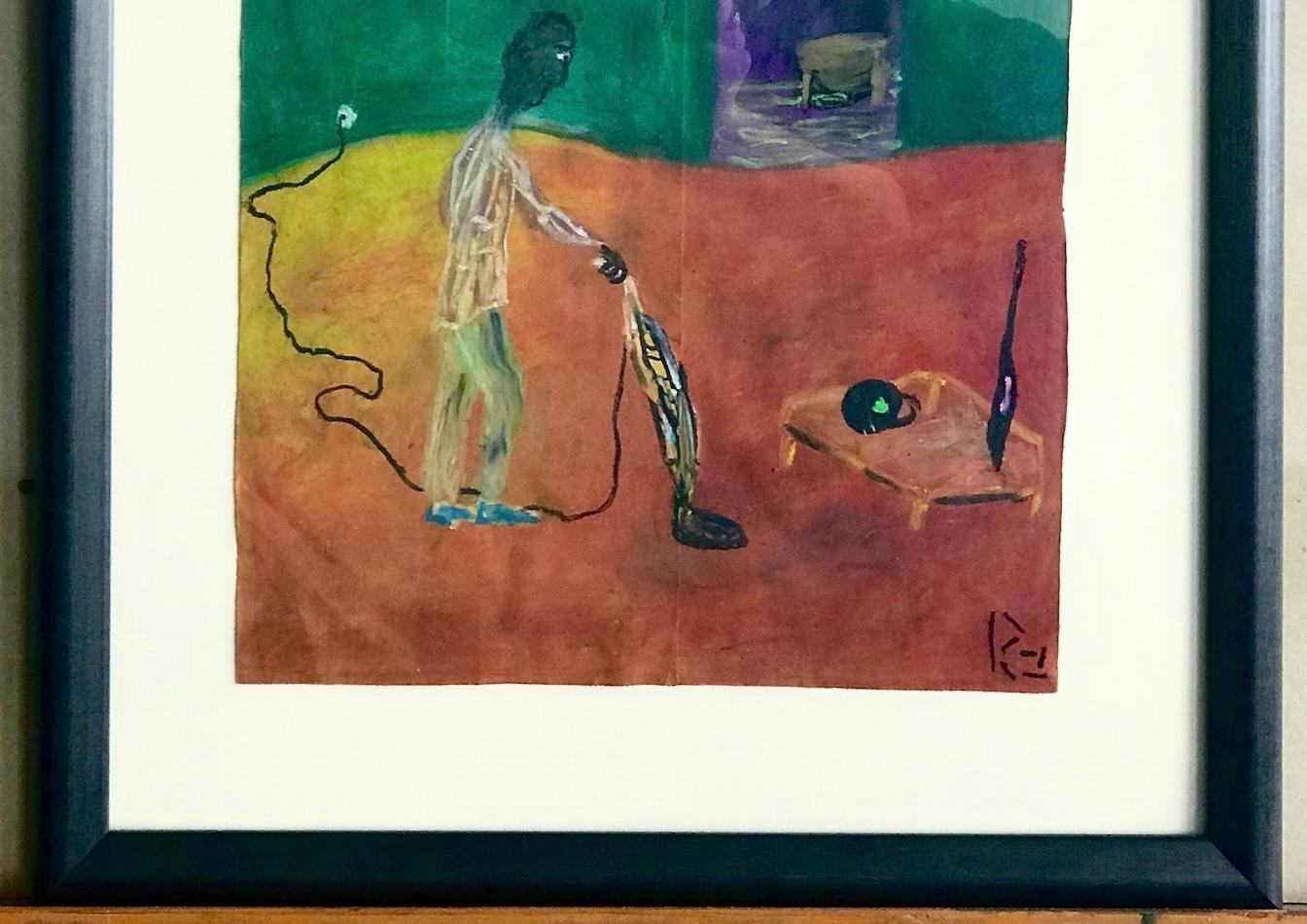 HIS NEW DEN is an original oil pastel drawing on brown paper grocery bag by the self taught African American artist Reginald K. Gee, born April 28, 1964, in Milwaukee, Wisconsin. Gee is known for his Visonary Art filled with comical, expressive