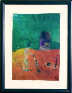 SU NUEVO DEN Firmado Pastel al óleo sobre bolsa de la compra, Hombre con aspiradora, Surrealista