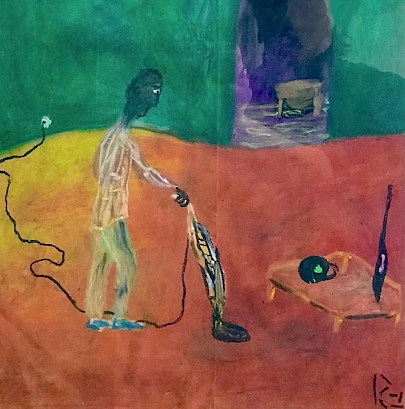 HIS NEW DEN Signed Oil Pastel on Grocery Bag, Man with Vacuum Cleaner, Surreal - Neo-Expressionist Art by Reginald K. Gee