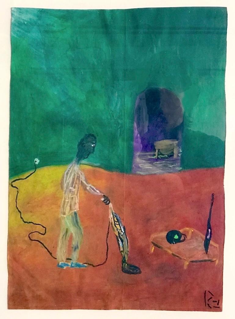 HIS NEW DEN Signed Oil Pastel on Grocery Bag, Man with Vacuum Cleaner, Surreal - Art by Reginald K. Gee