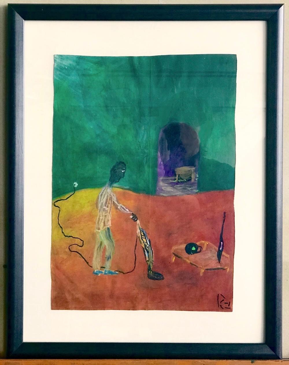 HIS NEW DEN Signed Oil Pastel on Grocery Bag, Man with Vacuum Cleaner, Surreal For Sale 4