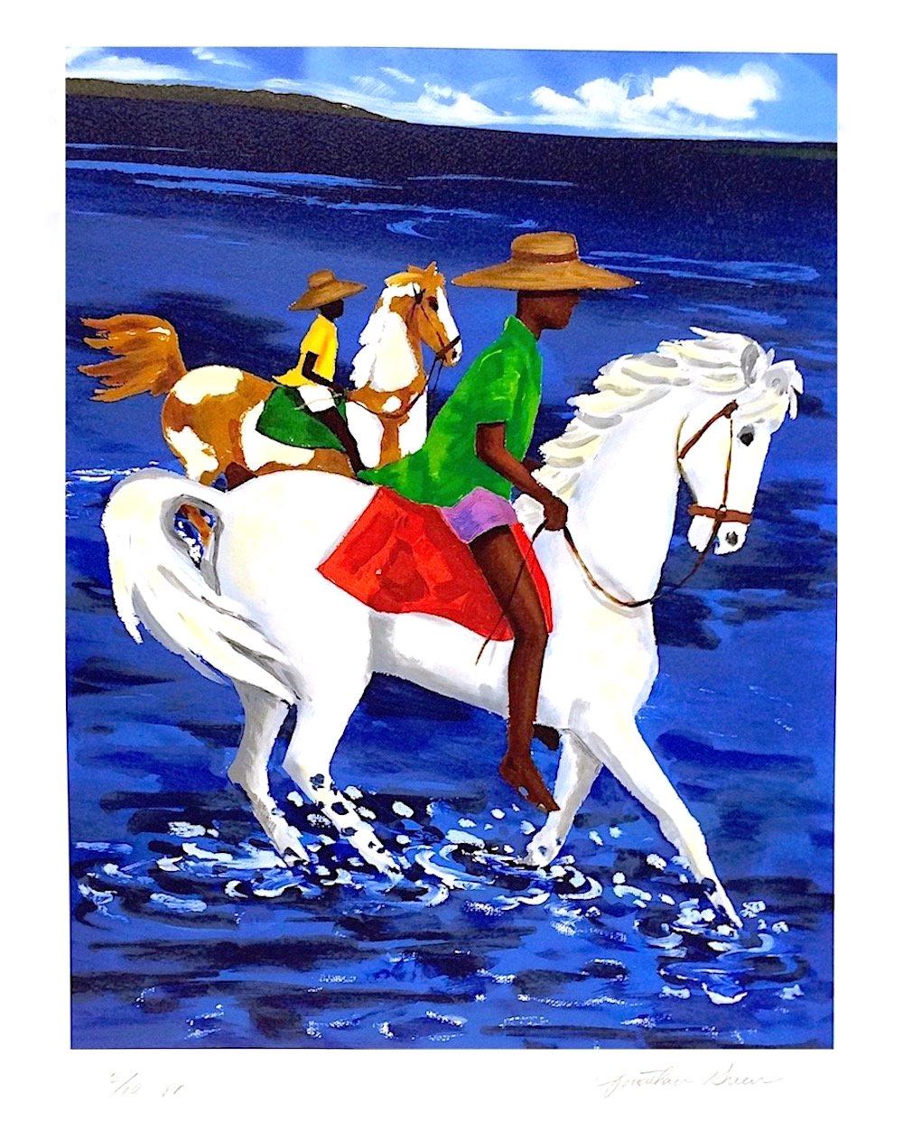 Jonathan Green Landscape Print - FATHER & SON, Signed Lithograph, African American, Gullah Culture, White Horse