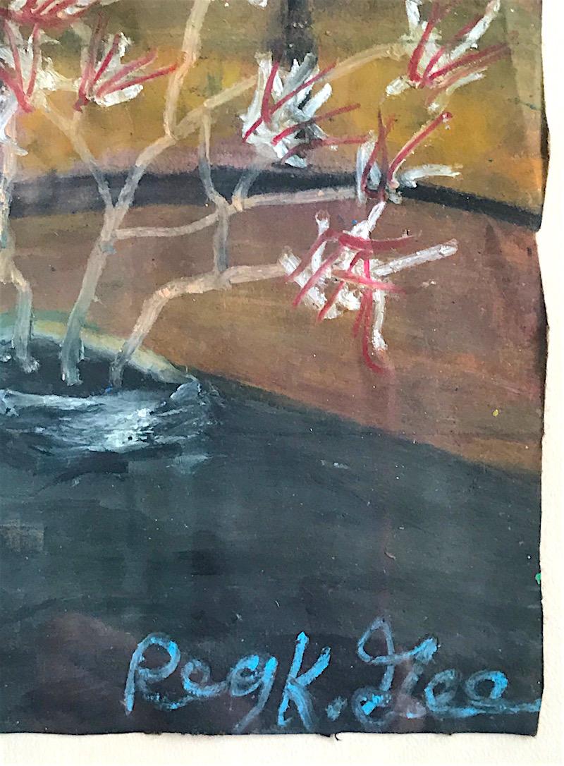 SHOULD I STAY IN or GO OUT? ist eine Original-Ölpastellzeichnung auf einer braunen Papiertüte des autodidaktischen afroamerikanischen Künstlers Reginald K. Gee, geboren am 28. April 1964 in Milwaukee, Wisconsin. Gee ist bekannt für seine Visonary