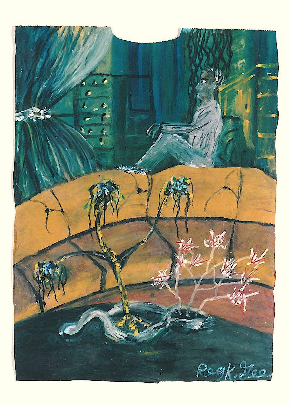 SHOULD I STAY IN or GO OUT? Signed Oil Pastel Seated Man by Window Spooky Plants - Art by Reginald K. Gee