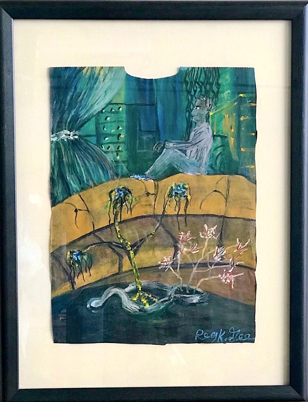 ¿debo quedarme o salir? Pastel al óleo firmado, Hombre sentado Escena interior surrealista
