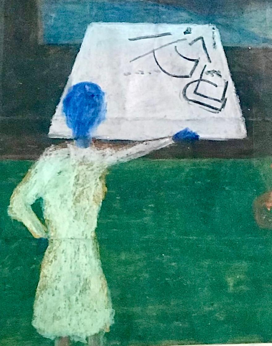 FRUGALNOMICS Pastello a olio firmato su borsa della spesa, ritratto d'interni, matematica, bicicletta - Interior Art Nero di Reginald K. Gee