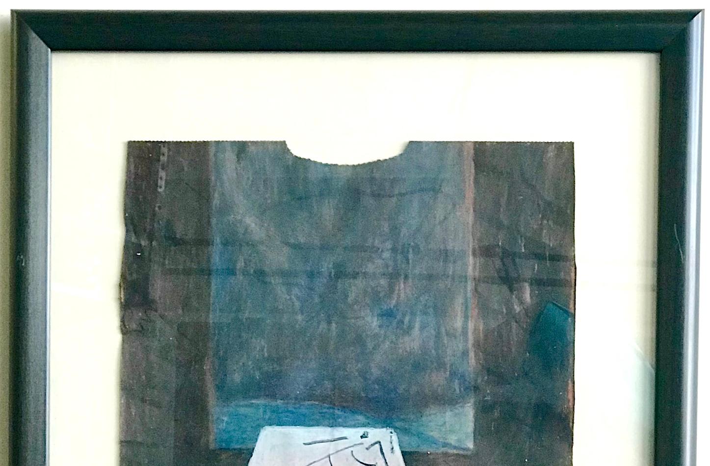 FRUGALNOMICS Pastello a olio firmato su borsa della spesa, ritratto d'interni, matematica, bicicletta in vendita 1