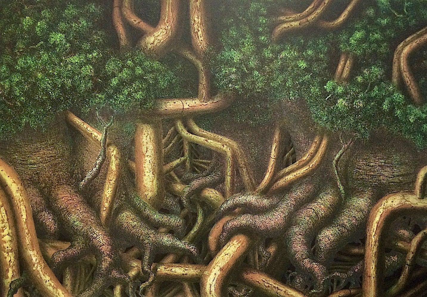 TREE ROOTS II Signed Lithograph, Surreal Forest Jungle Trees Green Yellow Brown  - Print by Hanna Kay