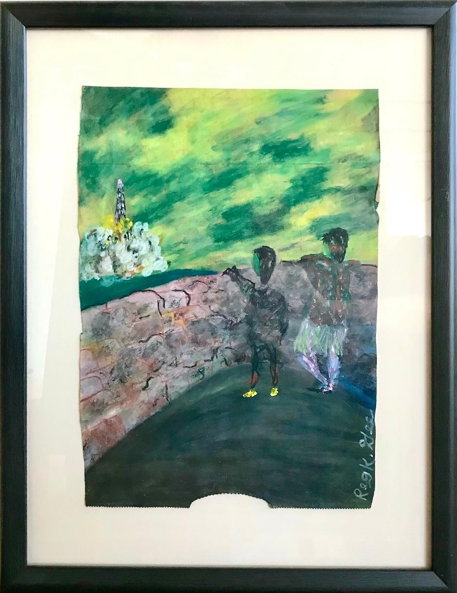 Landscape Art de Reginald K. Gee - LANZAMIENTO DEL COHETE Pastel al óleo firmado, Paisaje abstracto, Viaje espacial, Arte visionario
