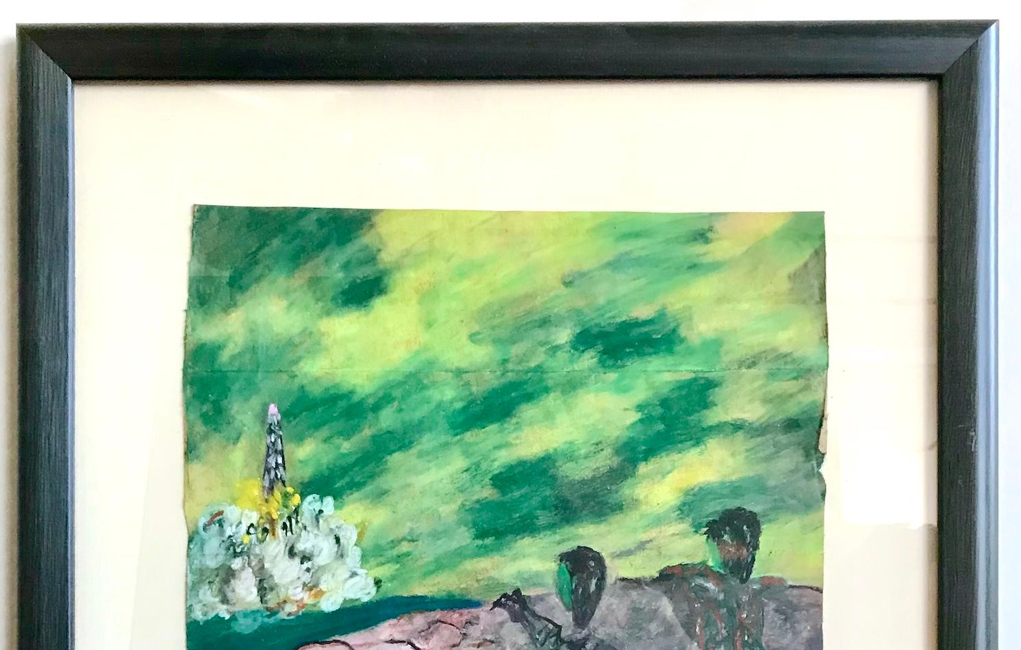 LANZAMIENTO DEL COHETE Pastel al óleo firmado, Paisaje abstracto, Viaje espacial, Arte visionario en venta 2